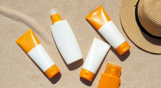 top view of sunscreen products in bottles on beige background