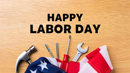 Happy Labor Day: American Flag, Tools, and Wood Background; Patriotic Holiday Celebration