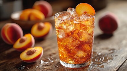 Close-Up of a Glass of Iced Peach Tea with Ice Cubes and Fresh Peach Slices --ar 16:9 --stylize 750 --v 6.1 Job ID: db2f5637-9382-44bc-a285-fbb05847f50d