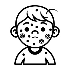 Boy with chickenpox showing discomfort in black and white illustration  