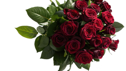 A lush bouquet of deep red roses with vibrant green leaves isolated on transparent background