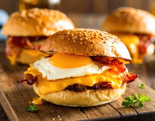 Delicious breakfast burger with egg, bacon, and cheese on a wooden board