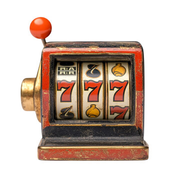 Retro slot machine front view with lucky 777 symbols, transparent background, PNG