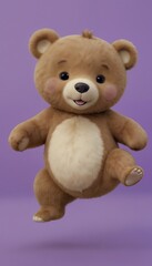 Obraz premium Playful teddy bear cheerfully walking, representing joy and childhood, against a purple background with copy space