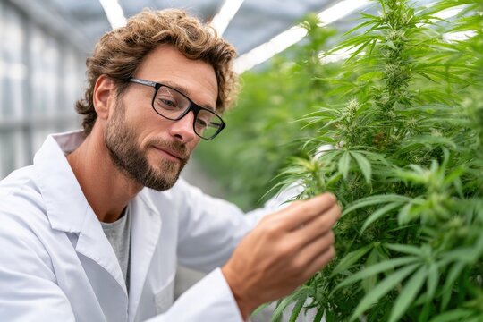 Scientist Examining Cannabis Plant in Greenhouse