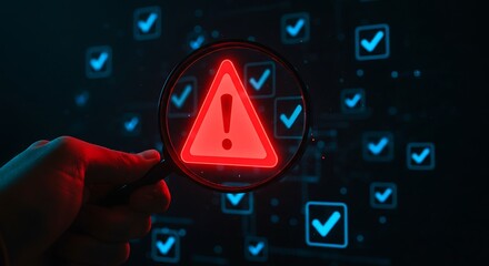 Hand holding magnifying glass over glowing red warning triangle with digital checkmarks