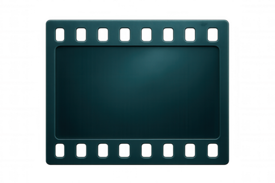 Dark green film strip frame is displayed on a transparent background, evoking themes of movie production, photography, and vintage media