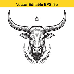 Bull head with long curved horns, isolated on white background