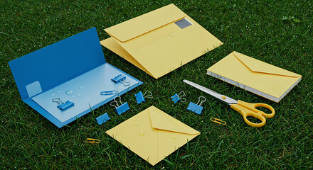 panoramic shot of yellow and blue envelopes, folders, blue paper clips and yellow scissors isolated