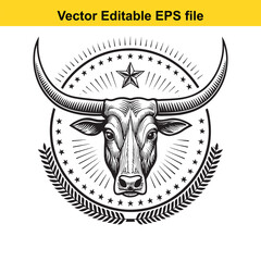 Bull head with long horns and laurel wreath, isolated on white background