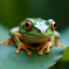 Cute Green Frog Sitting on Lotus Leaf with Adorable Smile 