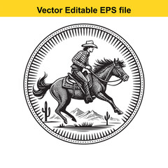 Vintage cowboy riding a horse in a circular emblem with desert landscape