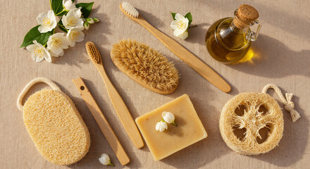 top view of wooden clothespins, toothbrush, natural soap and loofah on beige background with flowers