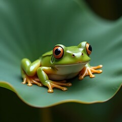 Obraz premium Cute Green Frog Sitting on Lotus Leaf with Adorable Smile in Pon