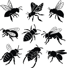 Bee silhouette bundle set vector with white background
