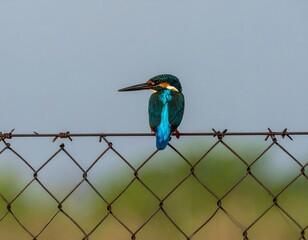 Kingfisher perched on rusty wire fence
