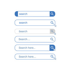Obraz premium Collection of different search bars with magnifying glass icons used in web interfaces and applications offering varied text prompts for user input and visual search navigation