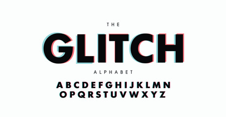 Absatract glitch font. Trendy style lettering typeface. Latin letters from A to Z and numbers from 0 to 9. Green and red channels.
