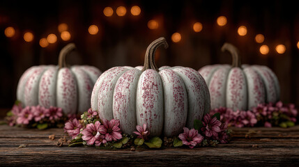 Halloween craft ideas, Halloween craft ideas feature white pumpkins with pink speckles surrounded by delicate pink flowers creating warm festive