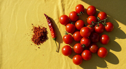 flat lay with red cherry tomatoes and paprika on yellow background