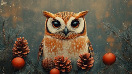 Create a Bauhaus-inspired design of an owl carrying pine cones, symbolizing wisdom. The owl should have geometric shapes and a minimalist, modernist style, with the pine cones stylized but still recog