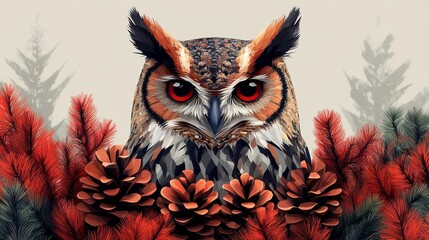 Create a Bauhaus-inspired design of an owl carrying pine cones, symbolizing wisdom. The owl should have geometric shapes and a minimalist, modernist style, with the pine cones stylized but still recog