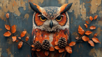 Create a Bauhaus-inspired design of an owl carrying pine cones, symbolizing wisdom. The owl should have geometric shapes and a minimalist, modernist style, with the pine cones stylized but still recog