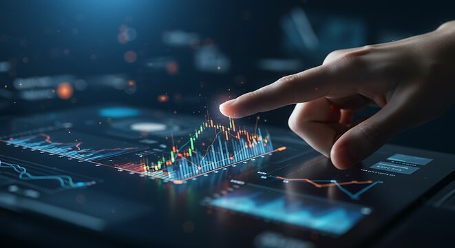 Hand interacting with futuristic holographic financial data display