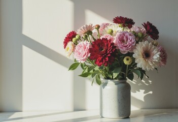 Beautiful bouquet of flowers in a vase against a neutral backdrop