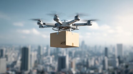 A drone carrying a gift box flies over a city skyline. The image represents modern delivery, technology, and future logistics solutions.