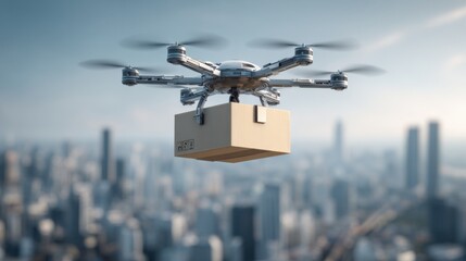 A drone carrying a gift box flies over a city skyline. The image represents modern delivery, technology, and future logistics solutions.