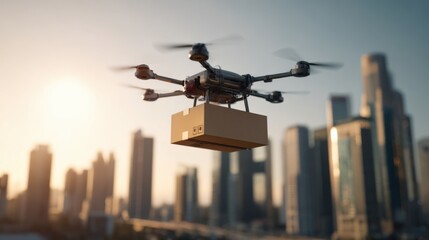 A drone carrying a gift box flies over a city skyline. The image represents modern delivery, technology, and future logistics solutions.