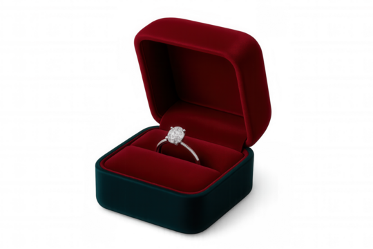 Elegant diamond ring presented in an open red velvet box, showcasing luxury and romance, on a transparent background