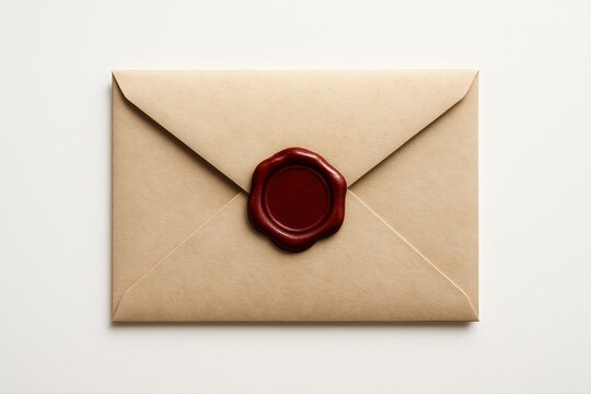 Elegant kraft paper envelope sealed with a rich burgundy wax stamp, conveying tradition and importance. - Powered by Adobe