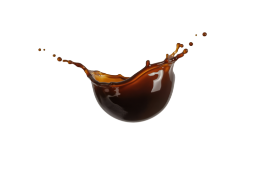 Espresso coffee splash frozen in mid-air isolated on a clean white background for drink and cafe visuals