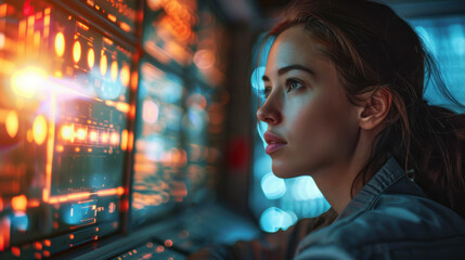 Woman scientist working on a futuristic computer interface. It conveys a concept of science, technology and research.