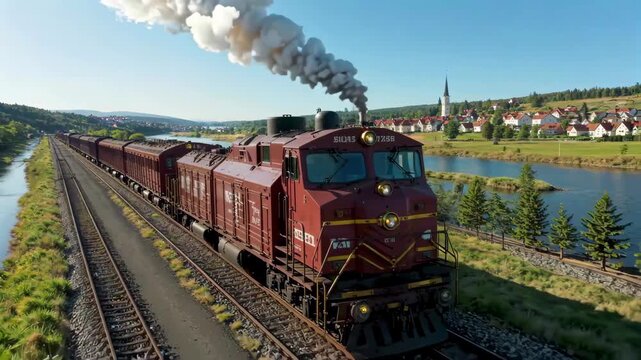 Red freight trains running on the tracks Trains shuttle pastoral wind