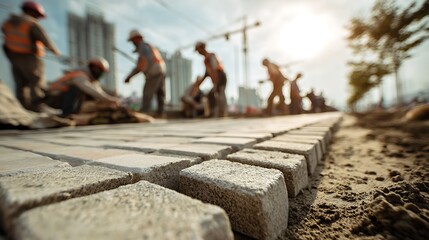 Construction workers building a cobblestone road in the city