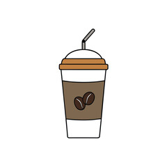 Refreshing cold coffee in a disposable cup with scattered coffee beans illustration