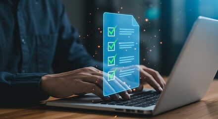 Person working on laptop with digital checklist and glowing data points