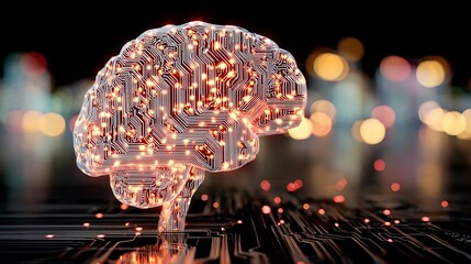 Artificial intelligence, electronic brain shining on motherboard in futuristic city