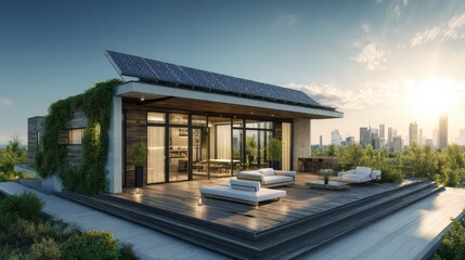 Fototapeta premium Modern eco house rooftop with solar panels under sunlight.