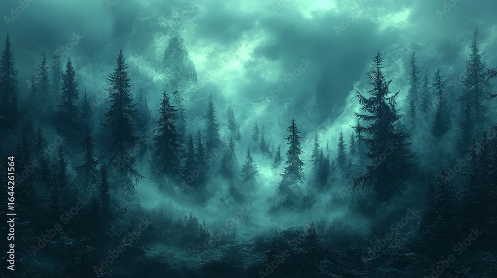 Wall mural create an image of a dark, misty forest with towering trees and an ominous sky, evoking a sense of f
