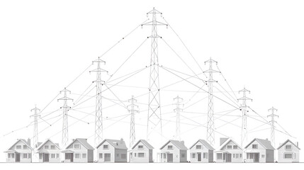 Gray Scale Illustration of a Suburban Neighborhood with Houses Under a Tall Power Line: A Monochromatic Depiction of Residential Homes Arranged