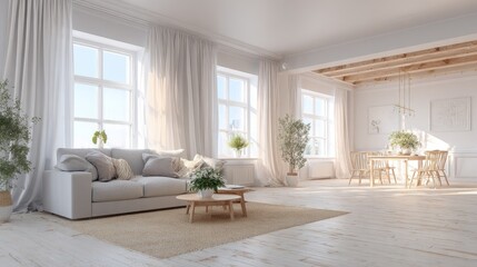 Fototapeta premium A bright, airy open-plan living space with natural light.