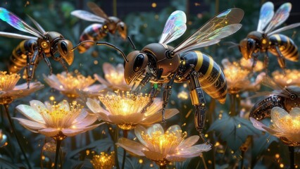 Futuristic robotic bees pollinating glowing flowers