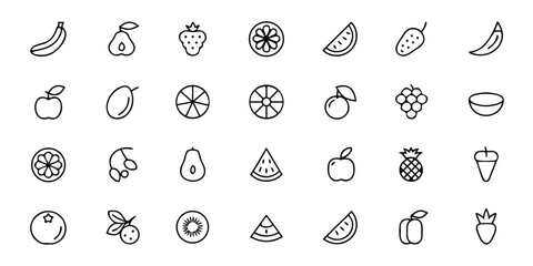 Cooking & Dessert Fruits Icon Bundle &ndash; Minimalist Line Art Banana, Berries, Citrus, Tropical Fruits, Smoothies, Fruit Bowls, and Fresh Slices &ndash; Culinary & Recipe Vector Icons