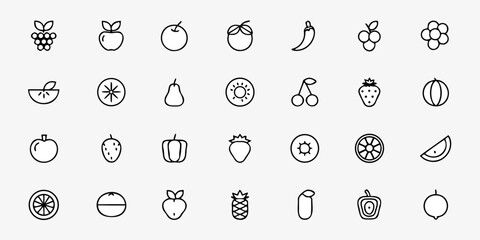 Seasonal Fruits Icon Pack &ndash; Minimalist Line Art Summer, Autumn, Winter, Spring Produce Including Berries, Citrus, Apples, Tropical Fruits, and More &ndash; Sustainable Eating Vector Icons 
