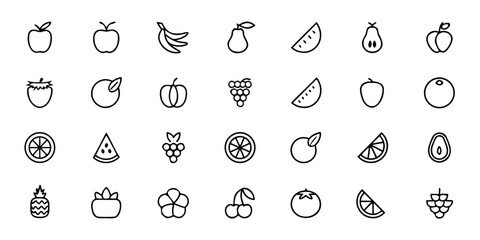 Fresh & Tropical Fruits Icon Bundle &ndash; Minimalist Line Art Apple, Banana, Orange, Strawberry, Pineapple, Mango, Grapes, Lemon, Berries, and More &ndash; Healthy Eating & Grocery Vector Icons