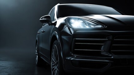 Fototapeta premium A dark, sleek SUV is shown in a studio with its headlights on, shrouded in shadow. The image represents the concepts of power, luxury, and modern automotive design.